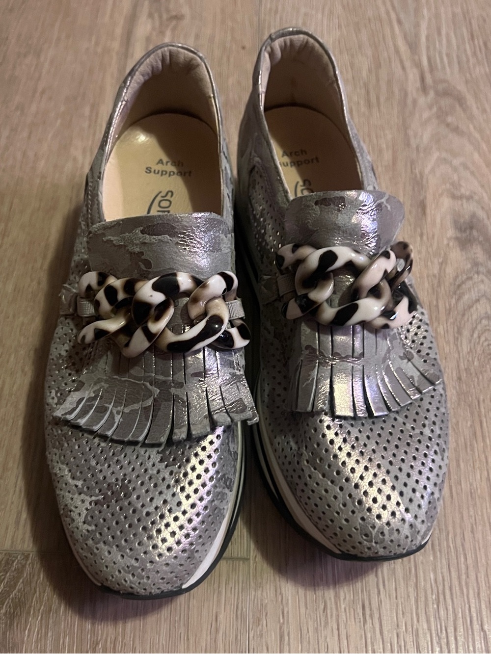 Softwaves Cadie Loafer Metallic Taupe Slip-On with Tortoiseshell Chain Accent